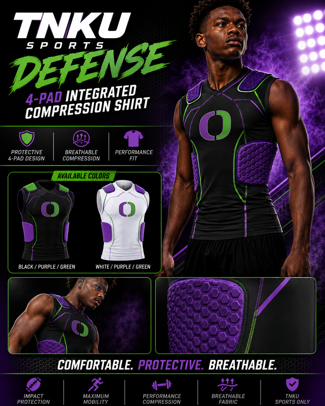 TNKU Sports Defense 4-Pad Integrated Compression Shirt - Black/Purple/Green and White/Purple/Green colorways